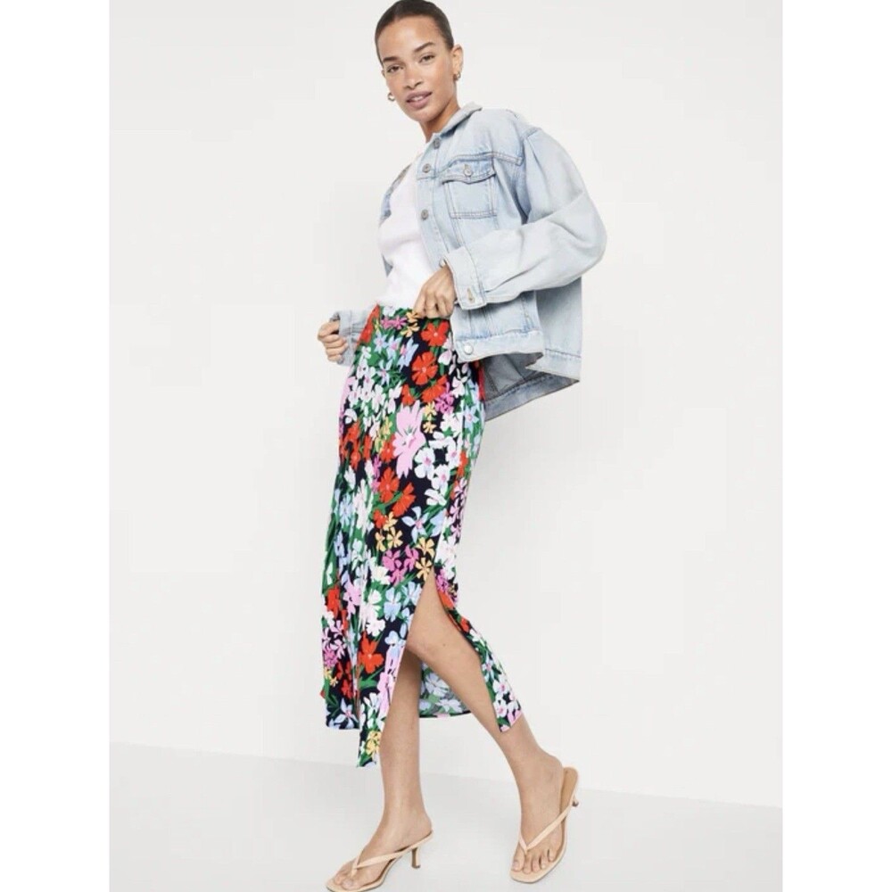 Old Navy Floral Crepe Midi Skirt Sz Large Tall Pull On Vacation Resort Colorful